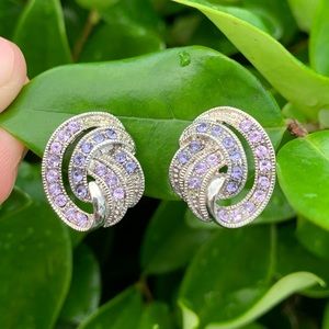 Purple/Blue Rhinestone Clip-On Earrings Silver Knot Style